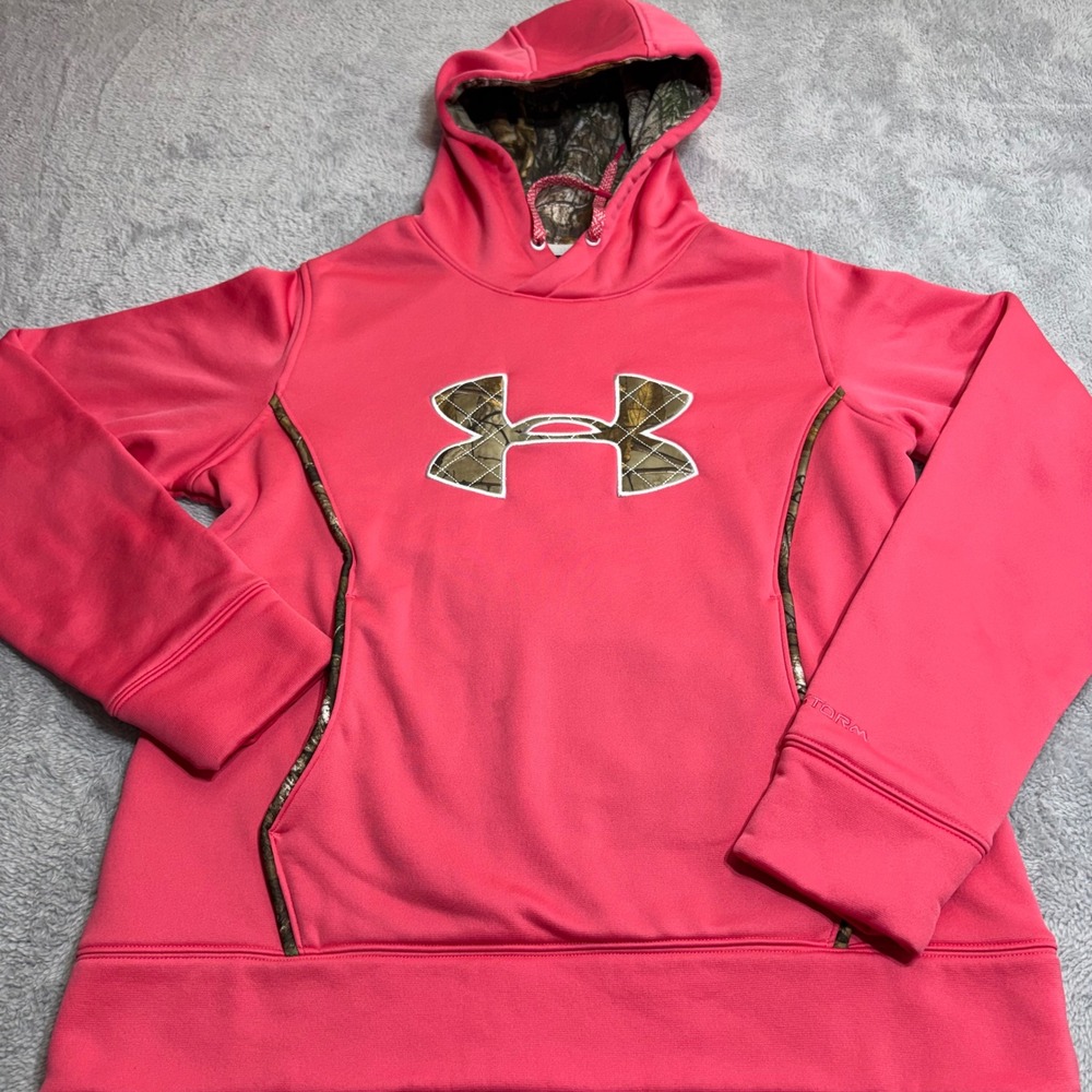 Under Armour Hoodie Girls Youth Large Pink Camo Logo Storm Semi-Fitted Pullover